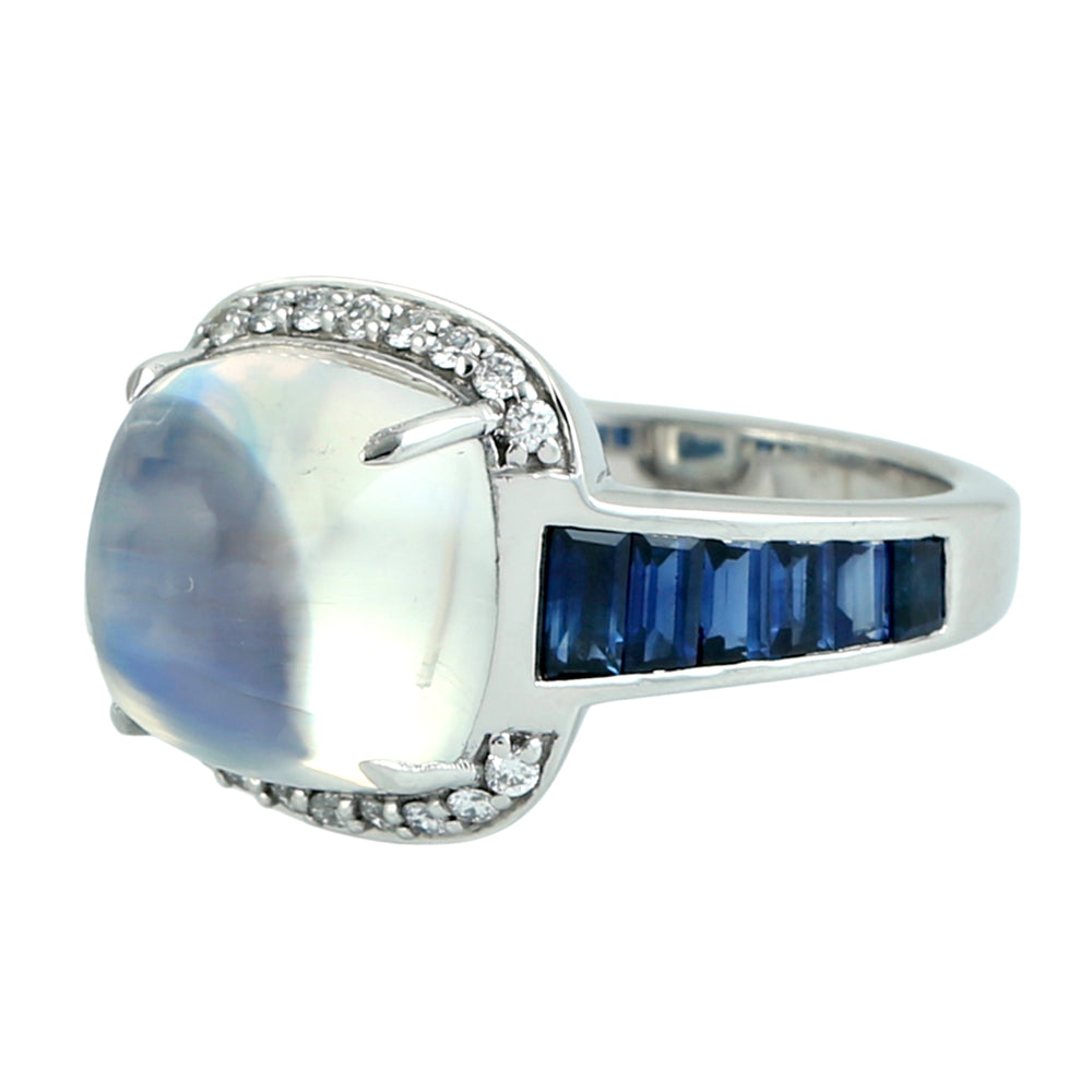 Moonstone Blue & Blue Sapphire Pave Diamond Dome Ring in 14K White Gold