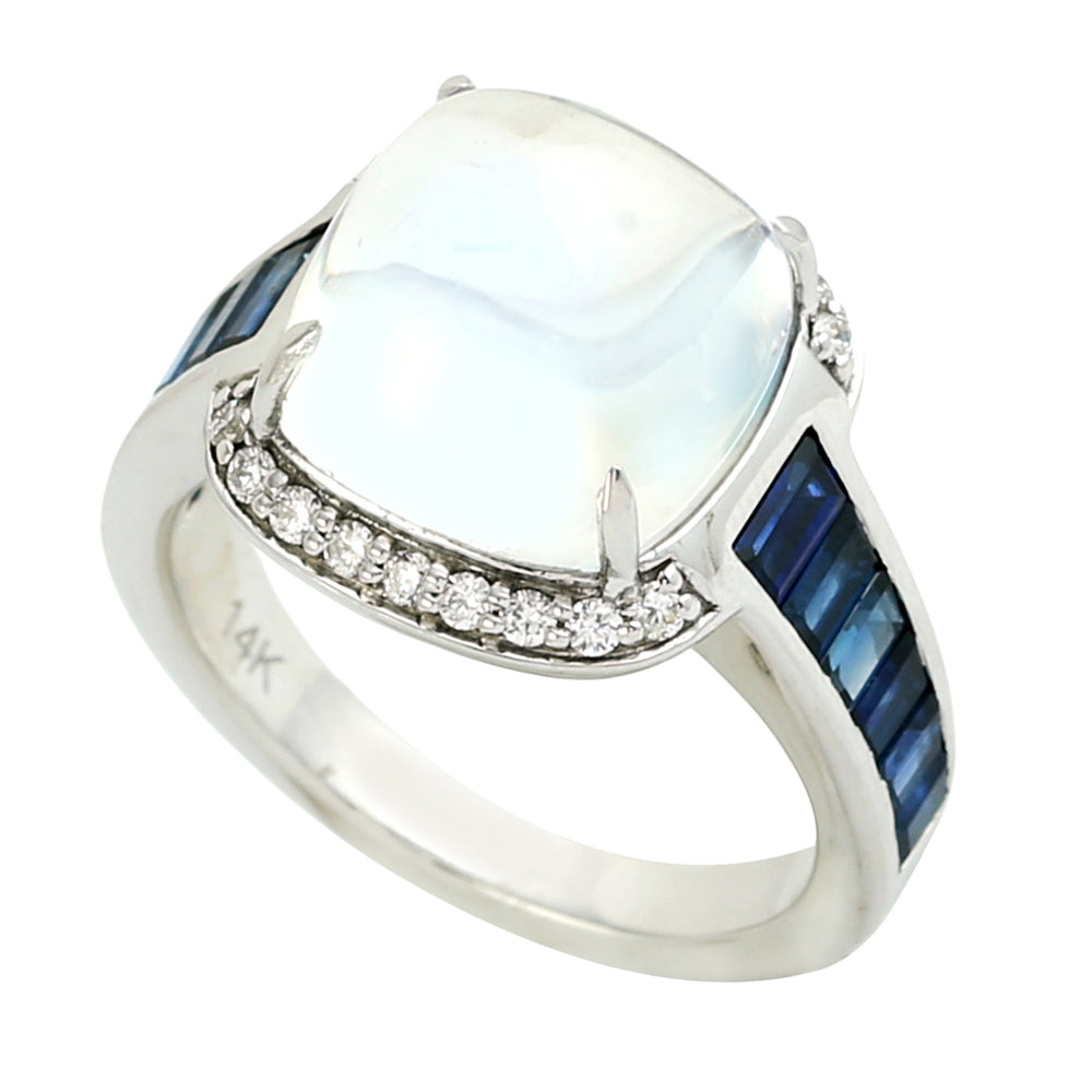 Moonstone Blue & Blue Sapphire Pave Diamond Dome Ring in 14K White Gold