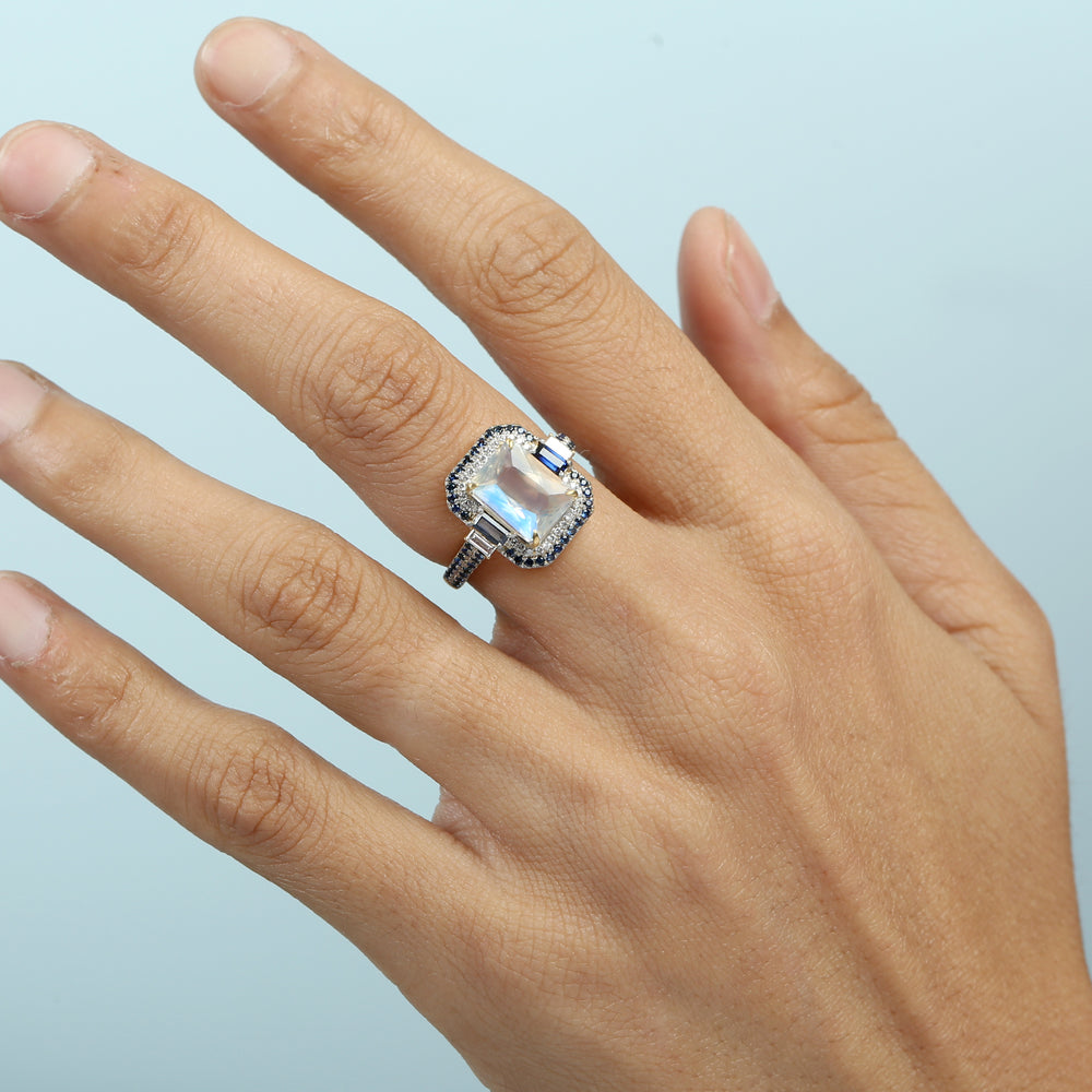 Moonstone Emerald-Cut Ring with Sapphire and Diamond Halo in 14K Yellow Gold