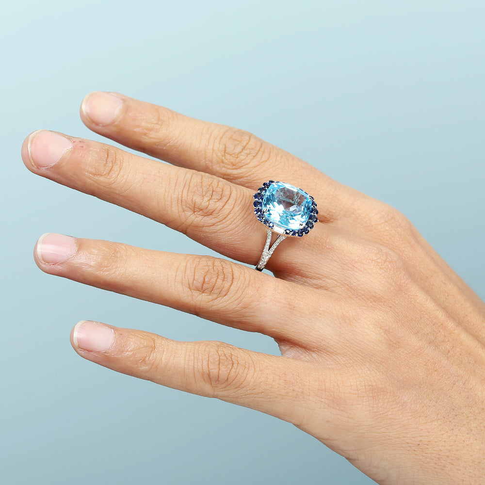 Cushion-Cut Blue Topaz & Sapphire Pave Diamond Halo Ring in 14K White Gold