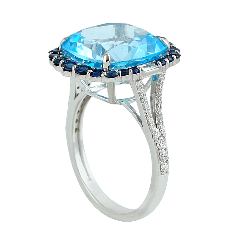 Cushion-Cut Blue Topaz & Sapphire Pave Diamond Halo Ring in 14K White Gold