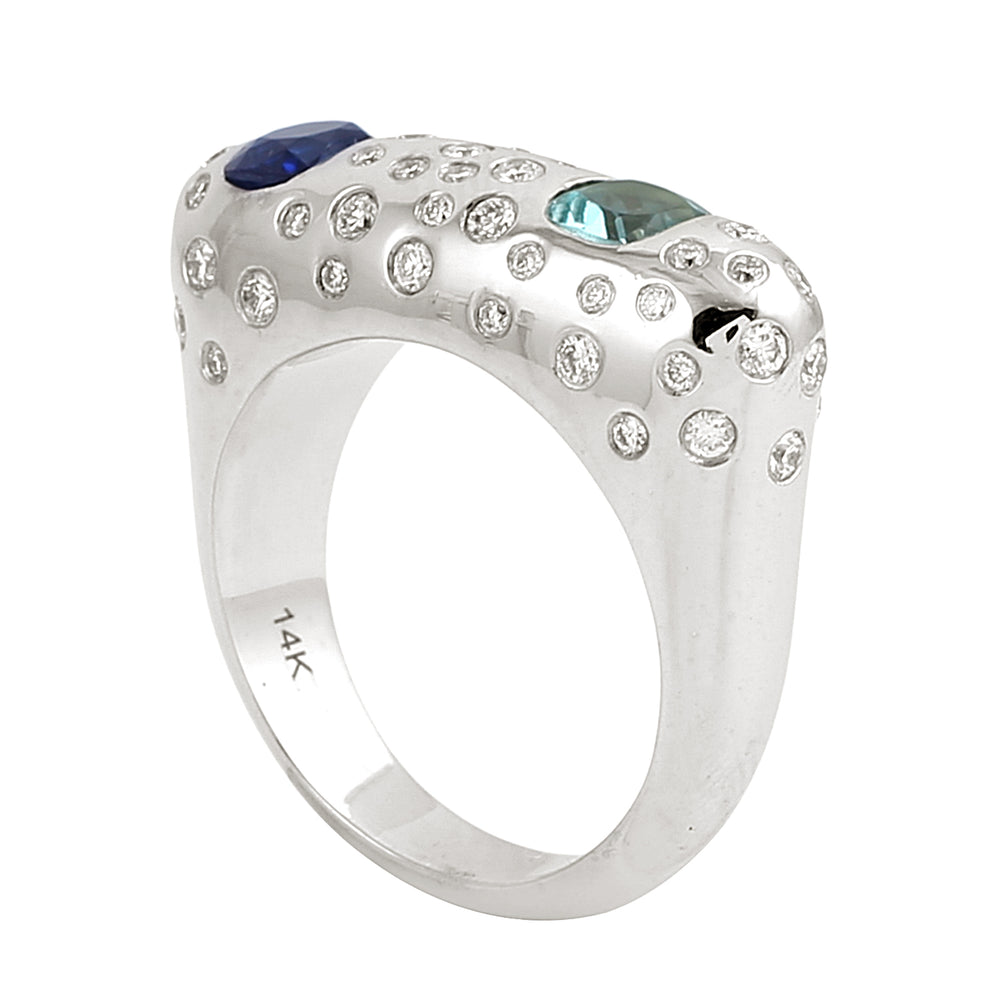 Blue Sapphire & Aquamarine Bezel Diamond Designer Ring in 14K White Gold
