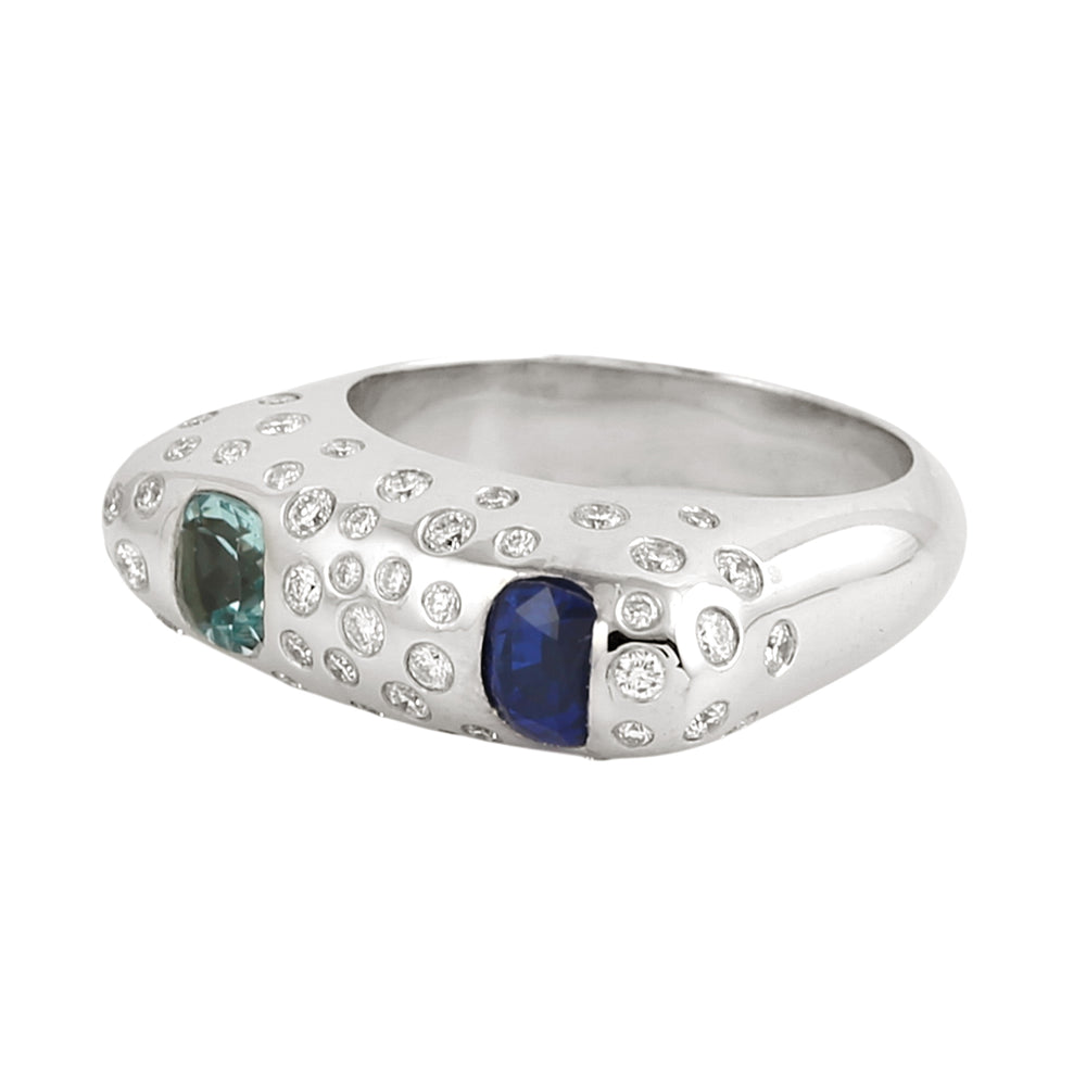 Blue Sapphire & Aquamarine Bezel Diamond Designer Ring in 14K White Gold