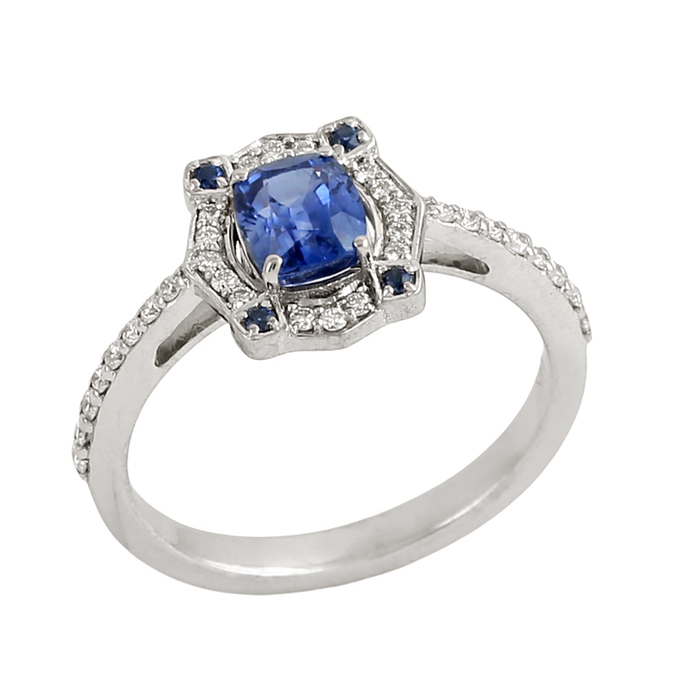 Blue Sapphire Gemstone Pave Diamond Cocktail Ring in 14K White Gold