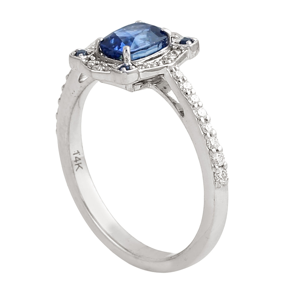 Blue Sapphire Gemstone Pave Diamond Cocktail Ring in 14K White Gold