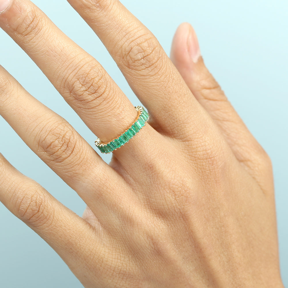 Baguette-Cut Emerald Full Eternity Band Ring in 18K Yellow Gold