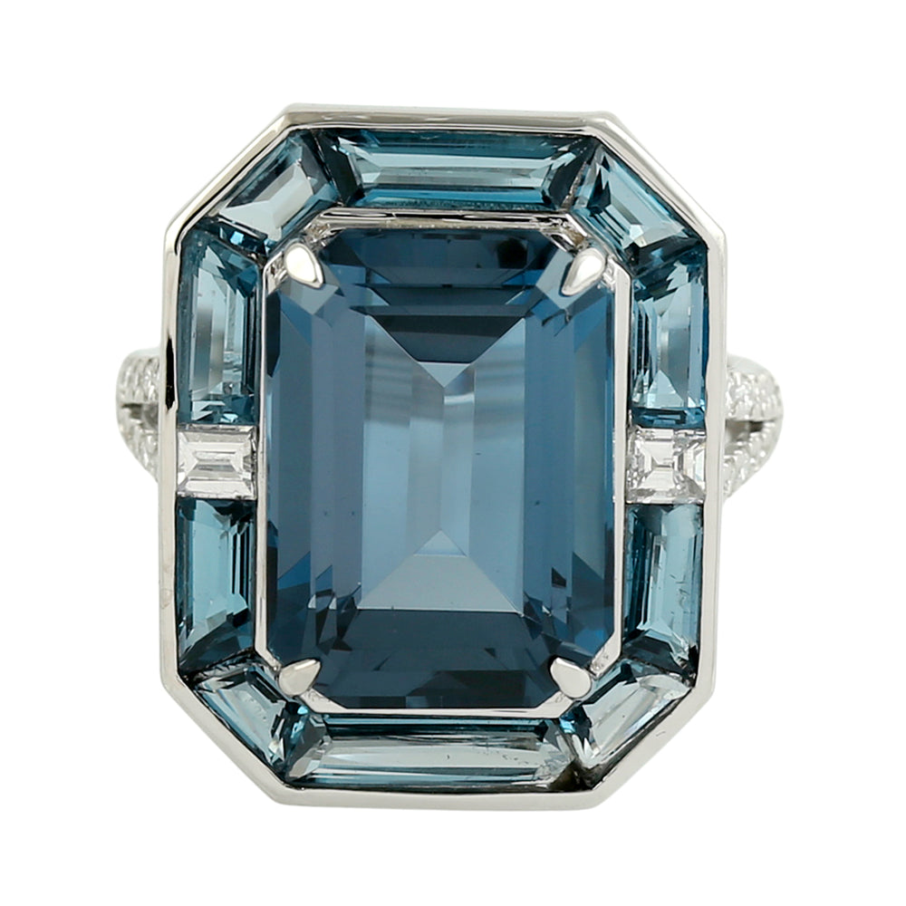 Octagon Cut London Blue Topaz Pave Diamond Cocktail Ring in 18K White Gold