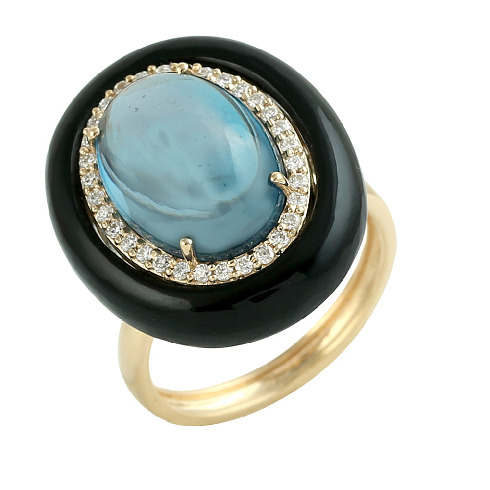 London Blue Topaz & Onyx Gemstone Diamond Dome Ring in 18K Yellow Gold