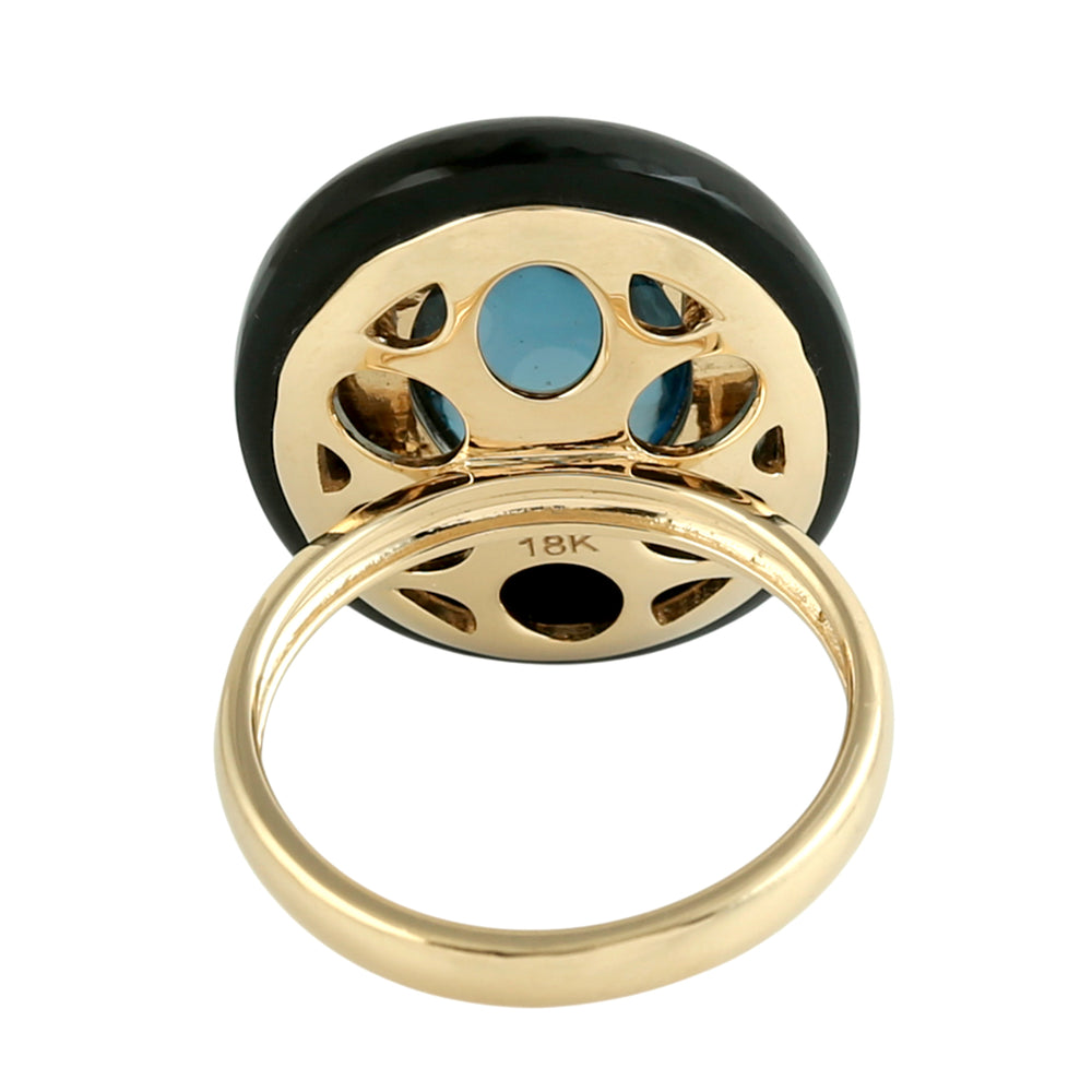 London Blue Topaz & Onyx Gemstone Diamond Dome Ring in 18K Yellow Gold