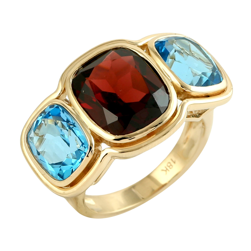 Cushion-Cut Garnet & Blue Topaz Three-Stone Ring in 18K Yellow Gold