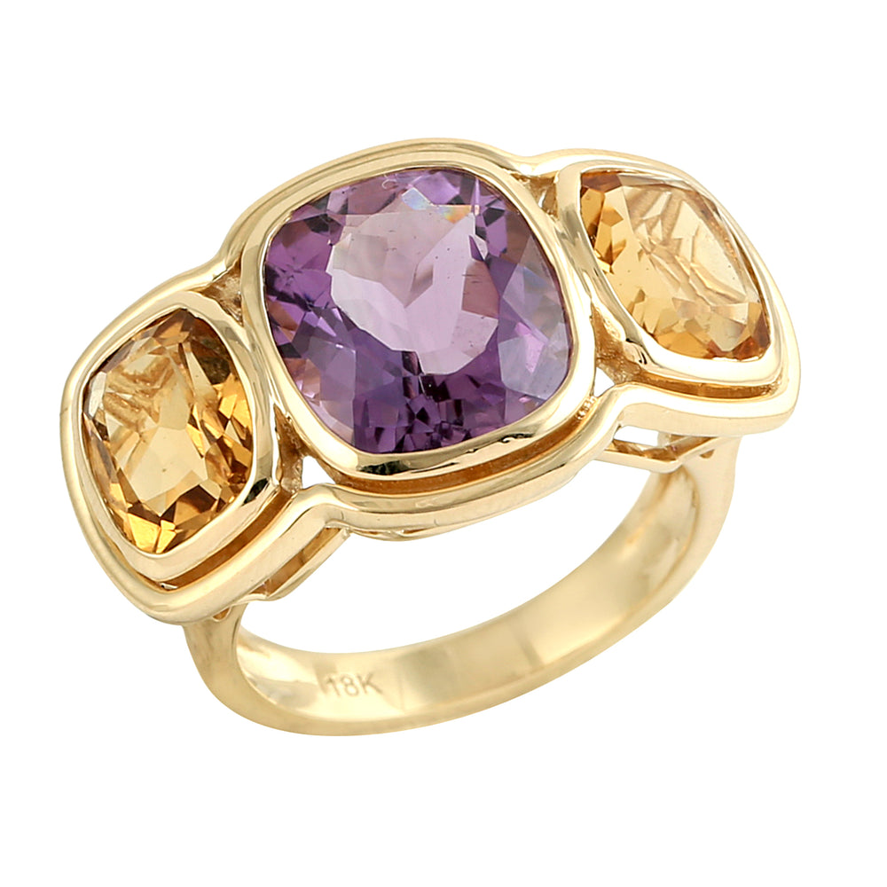 Cushion-Cut Amethyst & Citrine Three-Stone Ring in 18K Yellow Gold