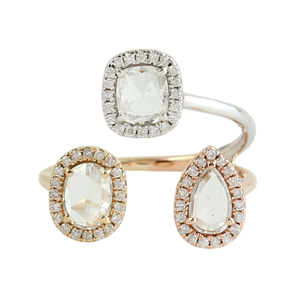Three-Stone Rose Cut Diamond Halo Ring in 18K Tri-Tone Gold