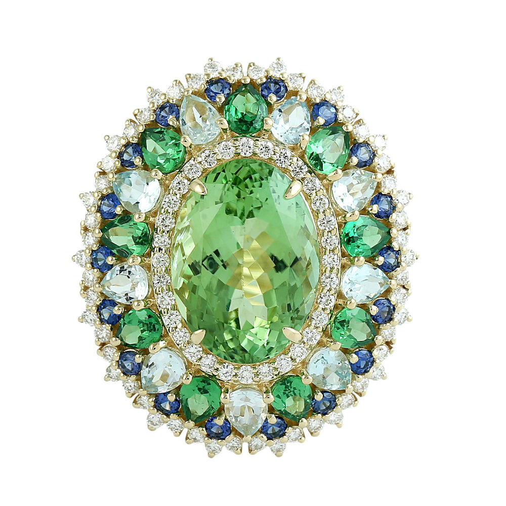 Green Tourmaline, Aquamarine, Tsavorite & Sapphire Multi-Halo Cocktail Ring in 14K Yellow Gold