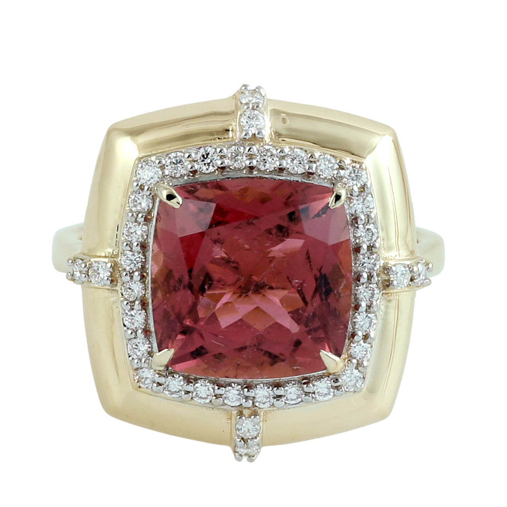Cushion Cut Pink Tourmaline Pave Diamond Solitaire Ring in 14K Yellow Gold