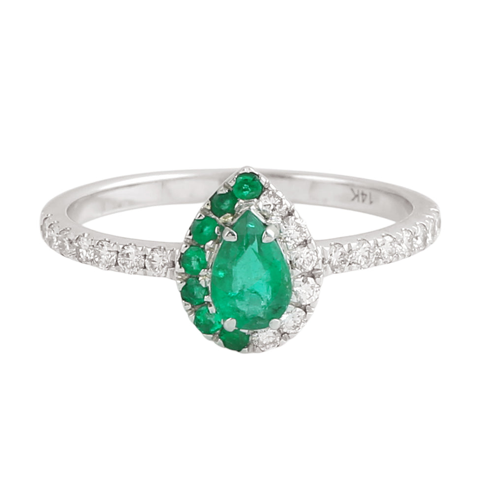 Pear Cut Emerald Gemstone Pave Diamond Solitaire Ring in 14K White Gold