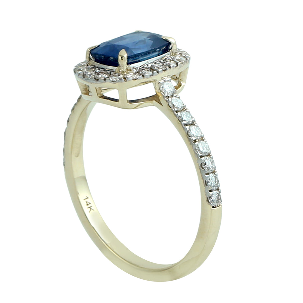 Cushion Cut Blue Sapphire & Diamond Halo Engagement Ring in 14K Yellow Gold