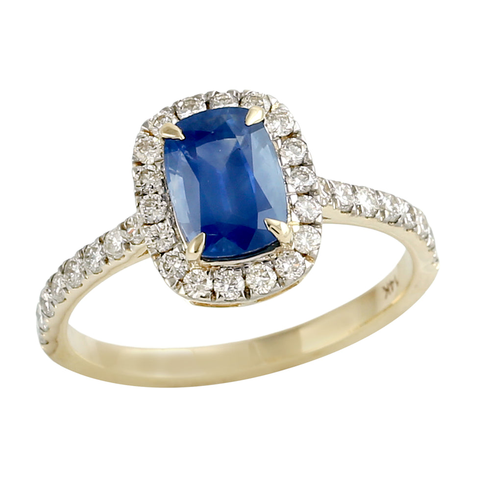 Cushion Cut Blue Sapphire & Diamond Halo Engagement Ring in 14K Yellow Gold