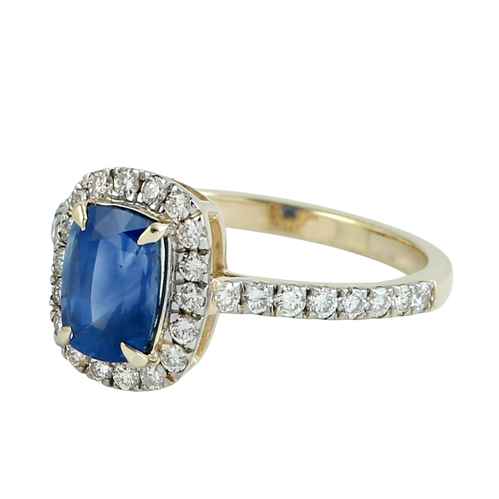 Cushion Cut Blue Sapphire & Diamond Halo Engagement Ring in 14K Yellow Gold