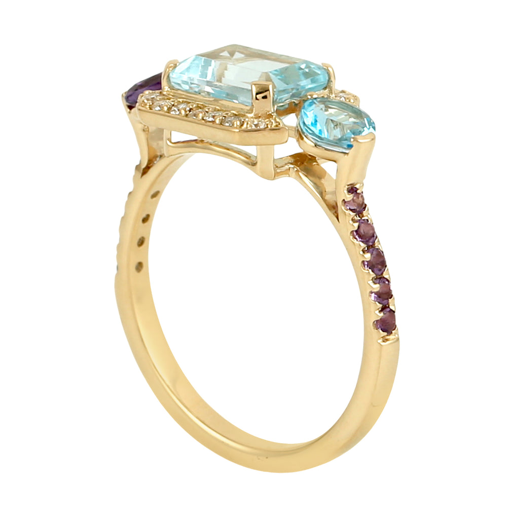 Blue Topaz & Amethyst Gemstone Pavé Diamond Designer Ring in 18K Yellow Gold