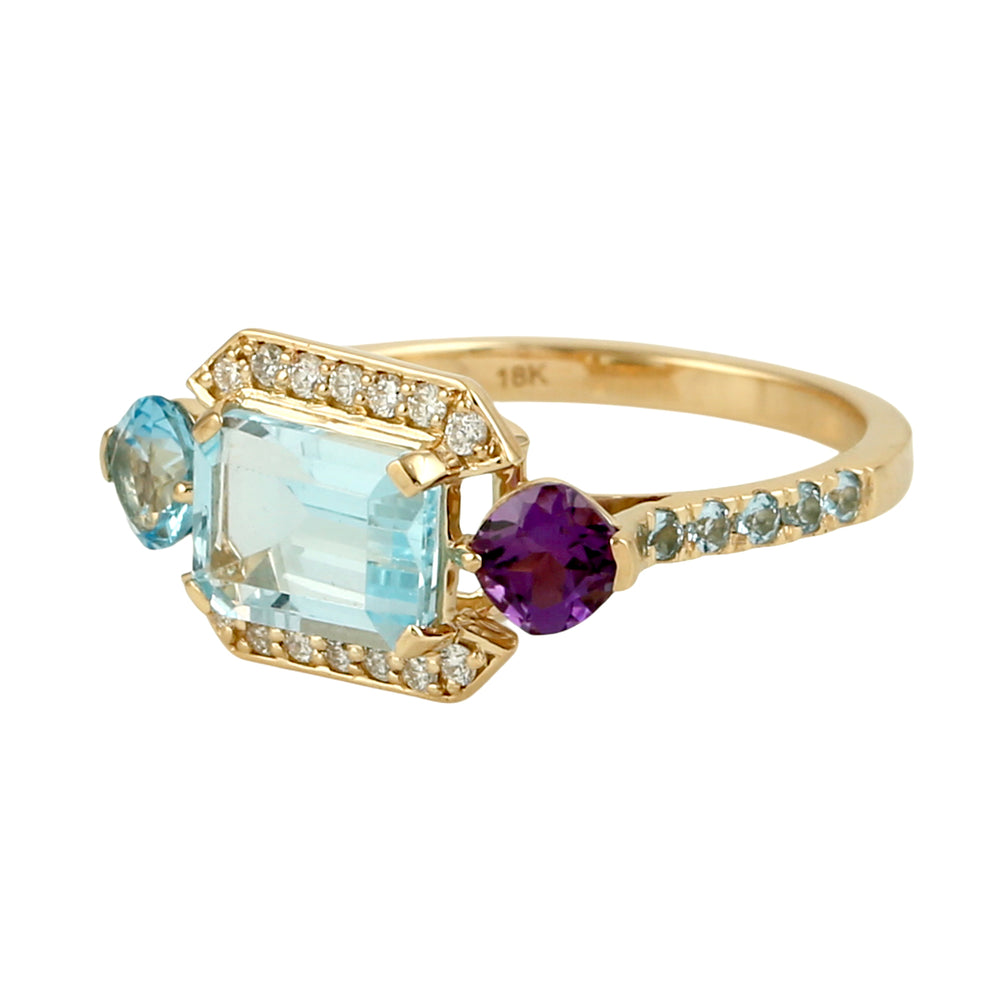 Blue Topaz & Amethyst Gemstone Pavé Diamond Designer Ring in 18K Yellow Gold