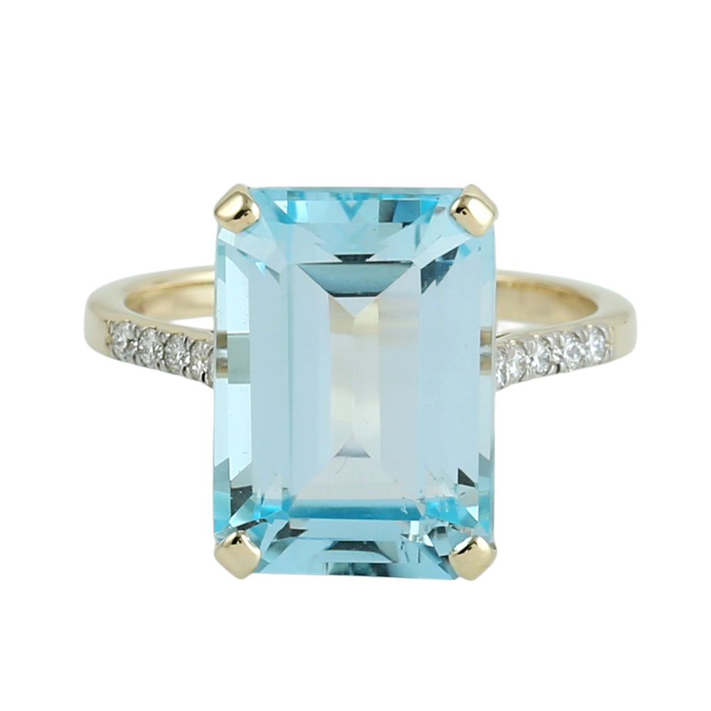 Emerald Cut Blue Topaz Pave Diamond Cocktail Ring in 14K Yellow Gold
