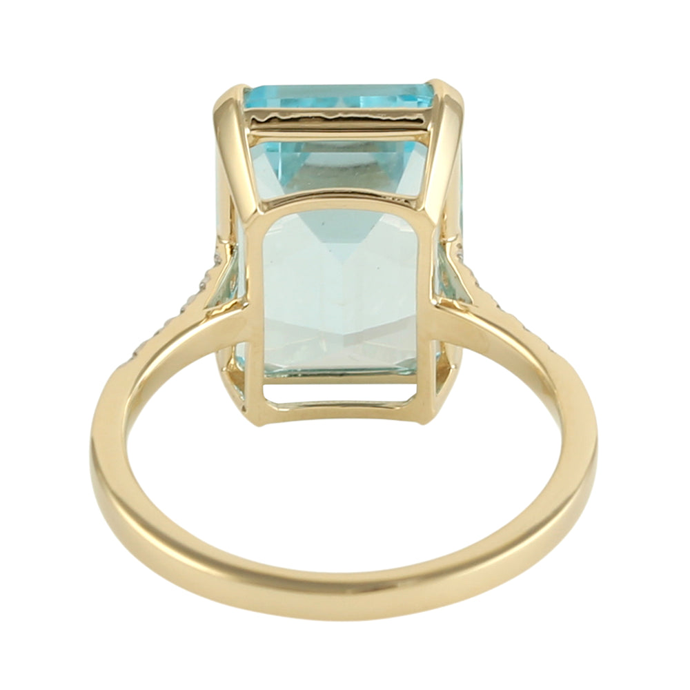 Emerald Cut Blue Topaz Pave Diamond Cocktail Ring in 14K Yellow Gold