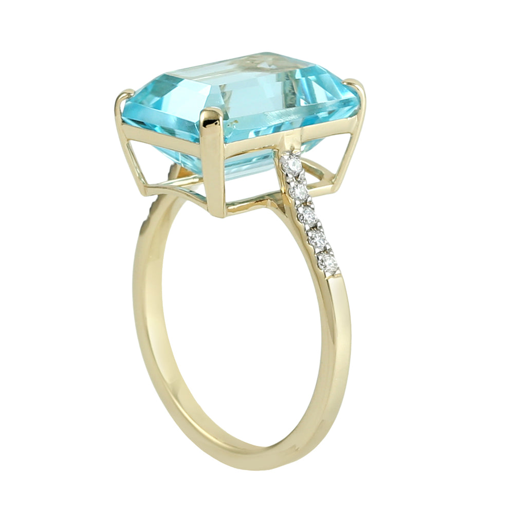 Emerald Cut Blue Topaz Pave Diamond Cocktail Ring in 14K Yellow Gold