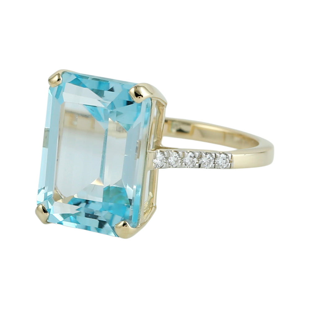Emerald Cut Blue Topaz Pave Diamond Cocktail Ring in 14K Yellow Gold