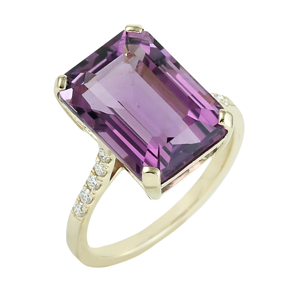 Emerald Cut Amethyst Pave Diamond Cocktail Ring in 14K Yellow Gold