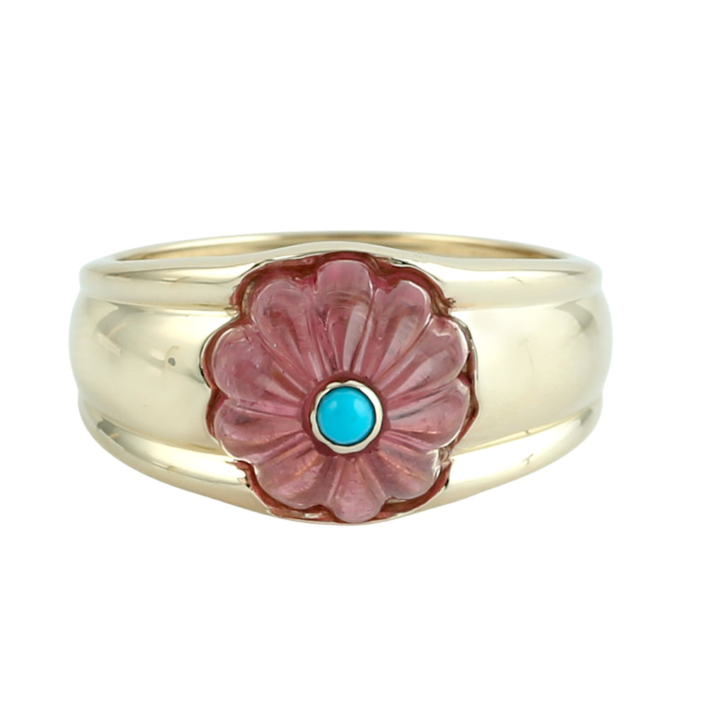 Carved Pink Tourmaline & Turquoise Gemstone Designer Ring in 14K Yellow Gold