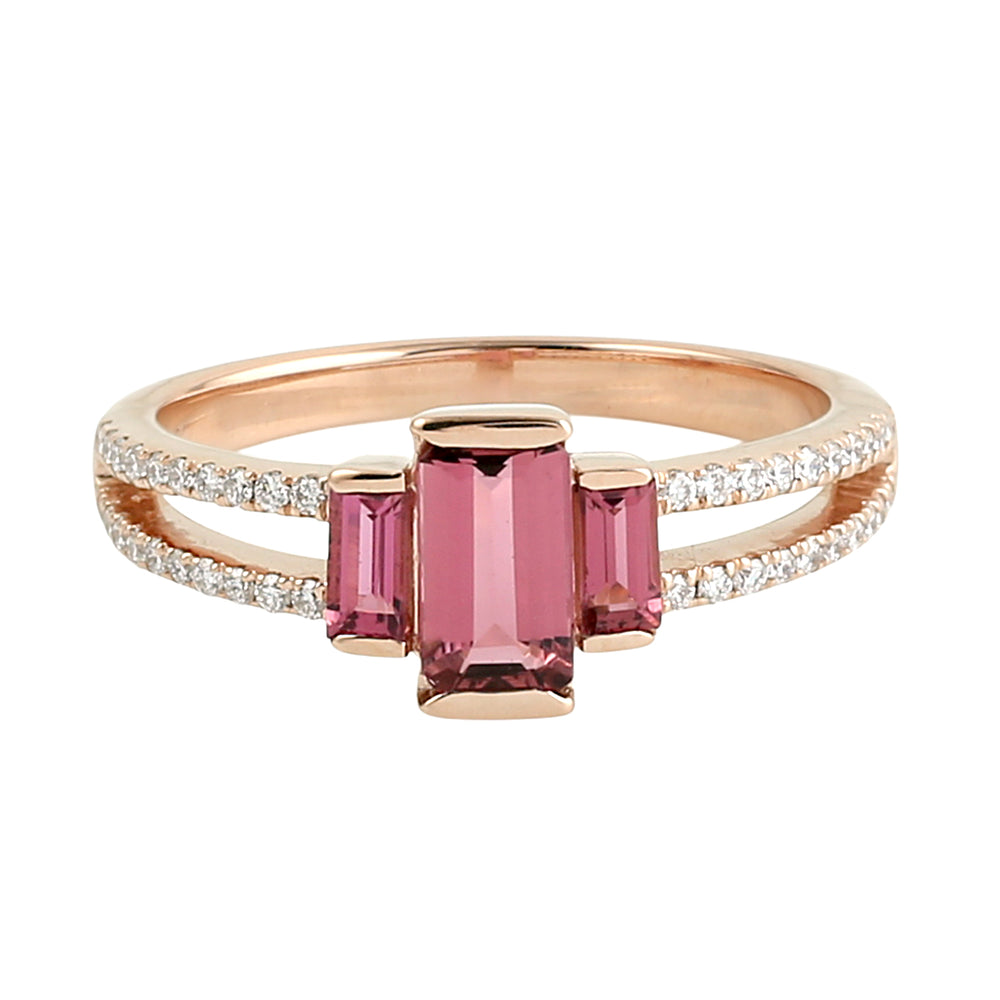 Baguette Cut Pink Tourmaline Pave Diamond Designer Ring in 18K Rose Gold