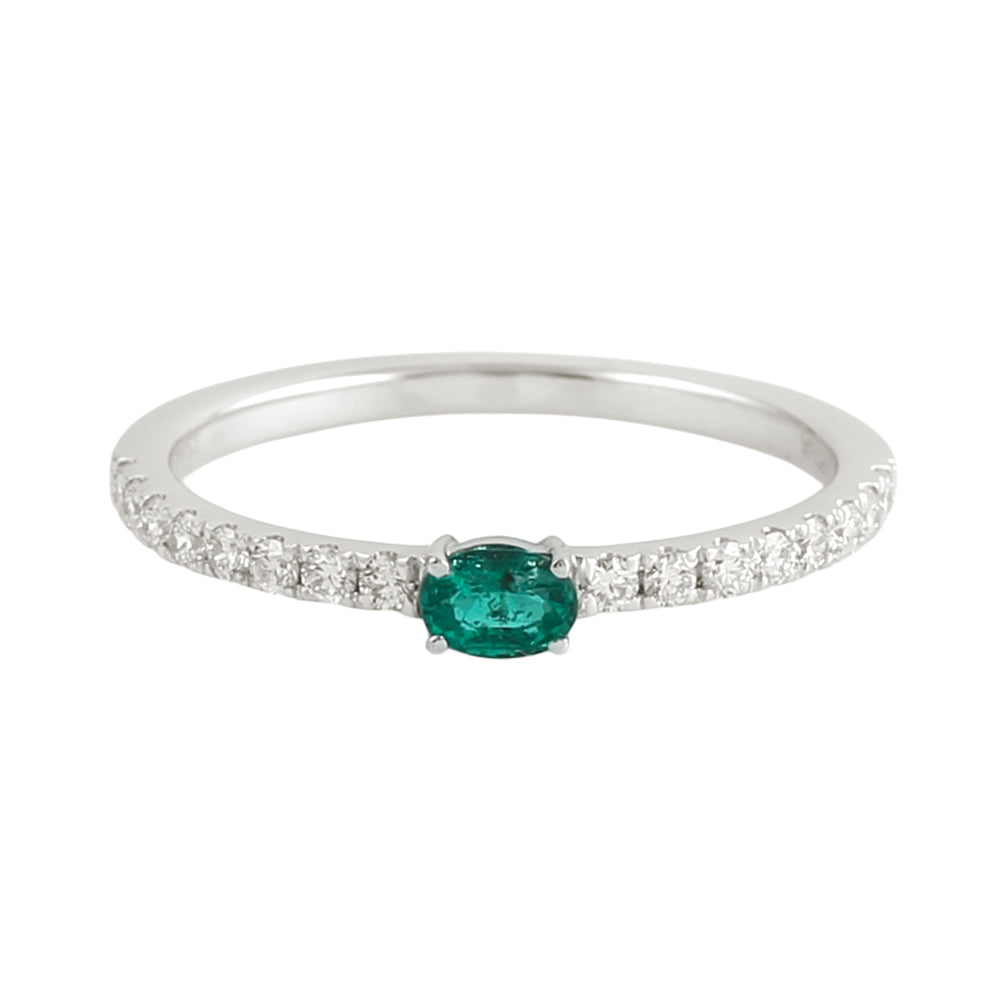 Oval Cut Emerald Pave Diamond Minimal Band Ring in 18K White Gold