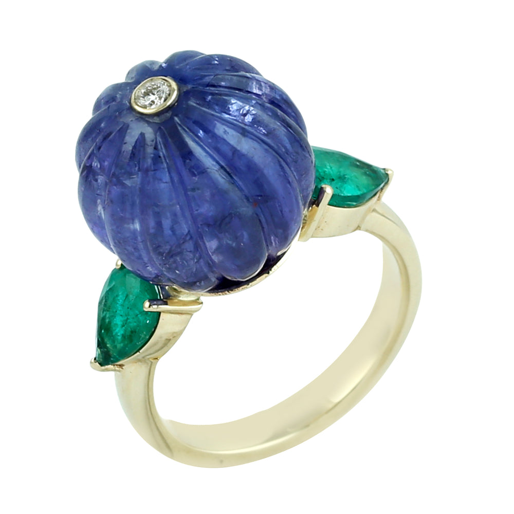 Carved Tanzanite & Emerald Gemstone Diamond Cocktail Ring in 14K Yellow Gold