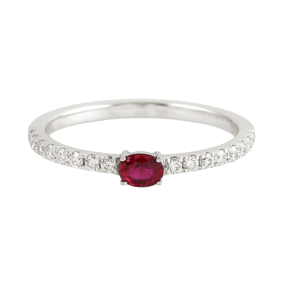 Oval Cut Ruby Pave Diamond Minimal Band Ring in 18K White Gold