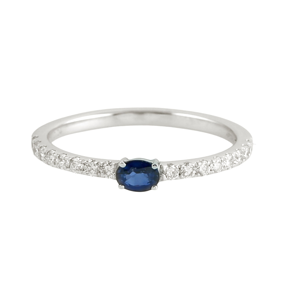 Oval Blue Sapphire Pave Diamond Band Ring in 18K White Gold