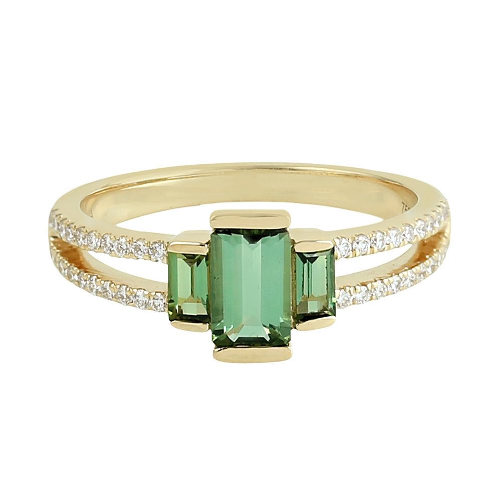 Baguette Cut Green Tourmaline Pave Diamond Designer Ring in 18K Yellow Gold