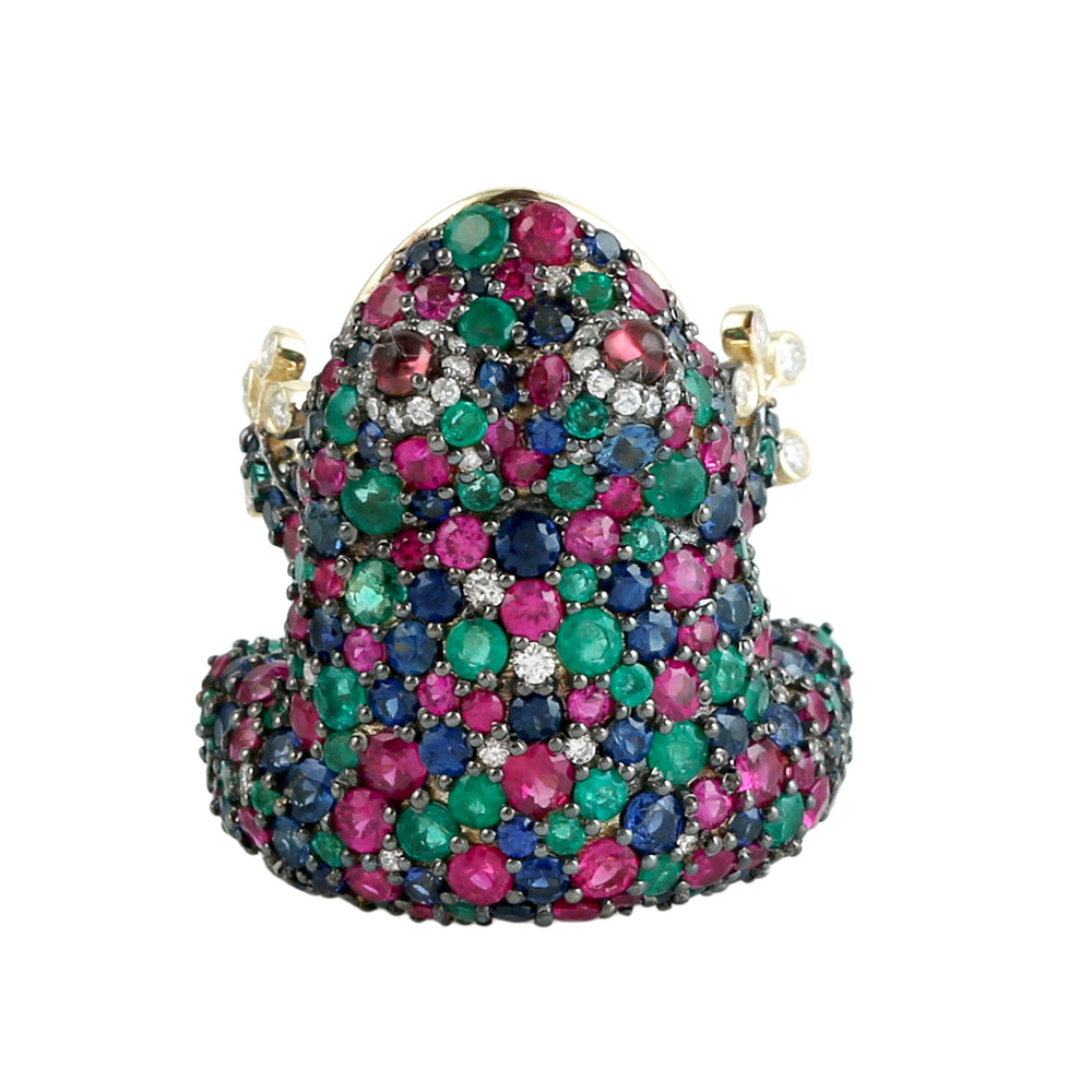 Ruby, Emerald, Sapphire & Tourmaline Pave Diamond Frog Ring in 14K Yellow Gold
