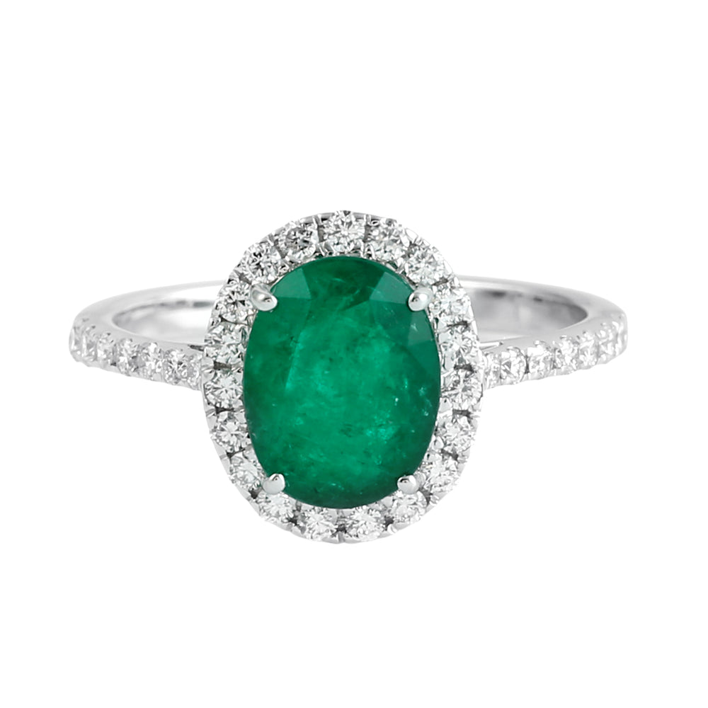 Oval Emerald & Diamond Halo Ring in 14K White Gold