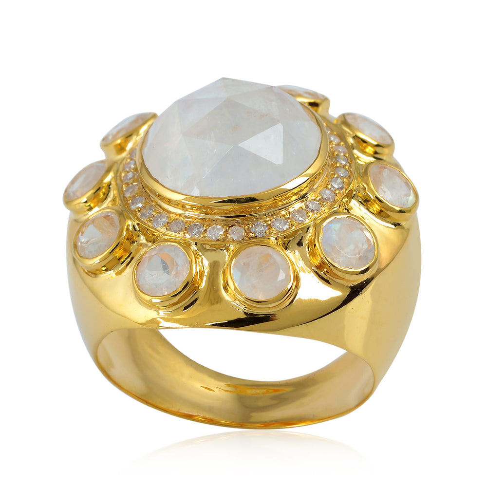 Round Blue Moonstone & Diamond Halo Cocktail Ring in 18K Yellow Gold