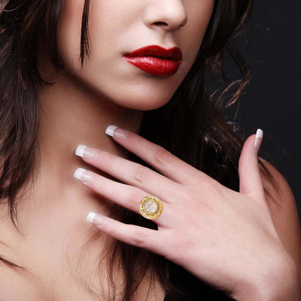 Round Blue Moonstone & Diamond Halo Cocktail Ring in 18K Yellow Gold