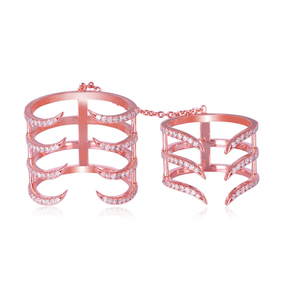 Double Finger Chain Ring with Diamonds in 18K Rose Gold
