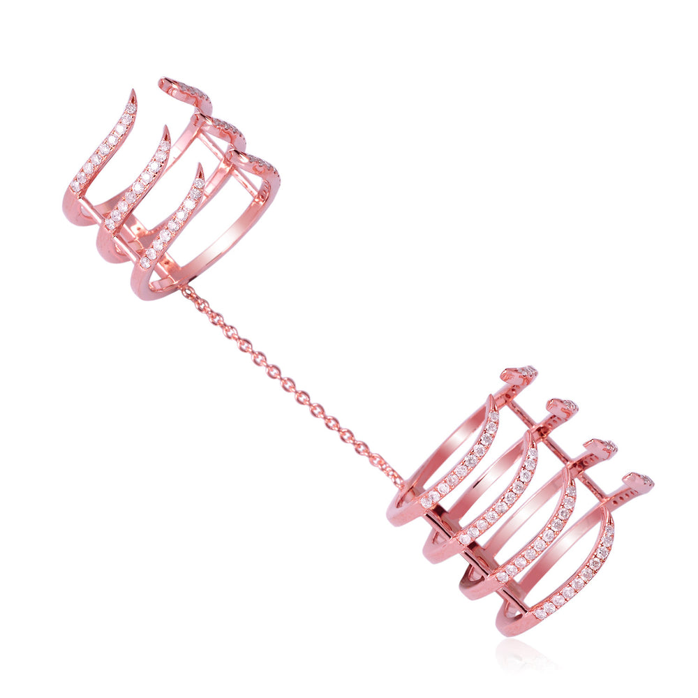 Double Finger Chain Ring with Diamonds in 18K Rose Gold