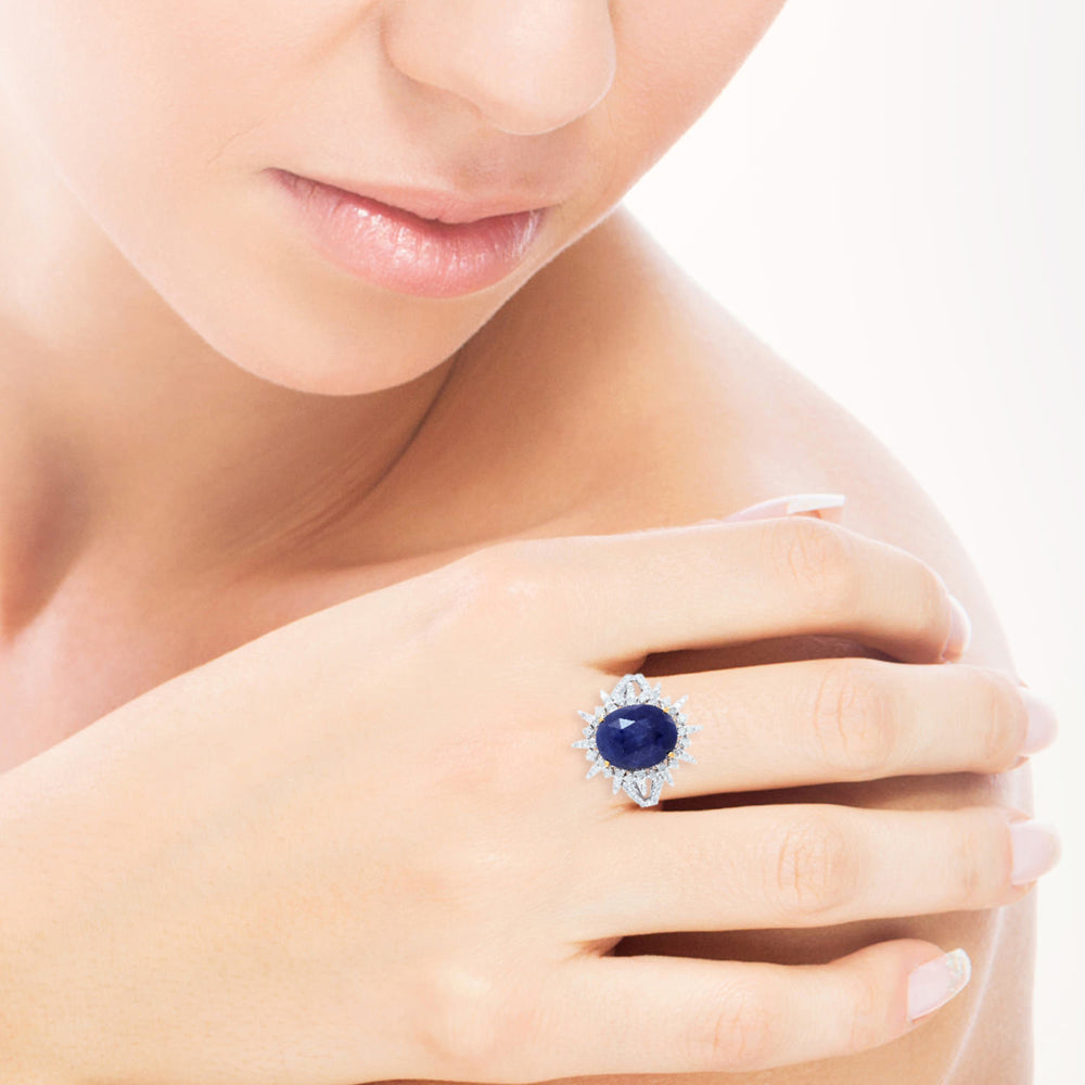Oval Blue Sapphire & Diamond Starburst Cocktail Ring in 18K White Gold Silver