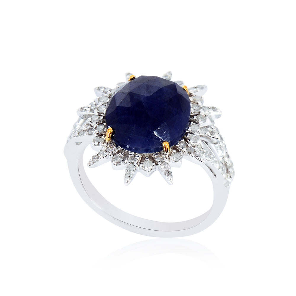 Oval Blue Sapphire & Diamond Starburst Cocktail Ring in 18K White Gold Silver