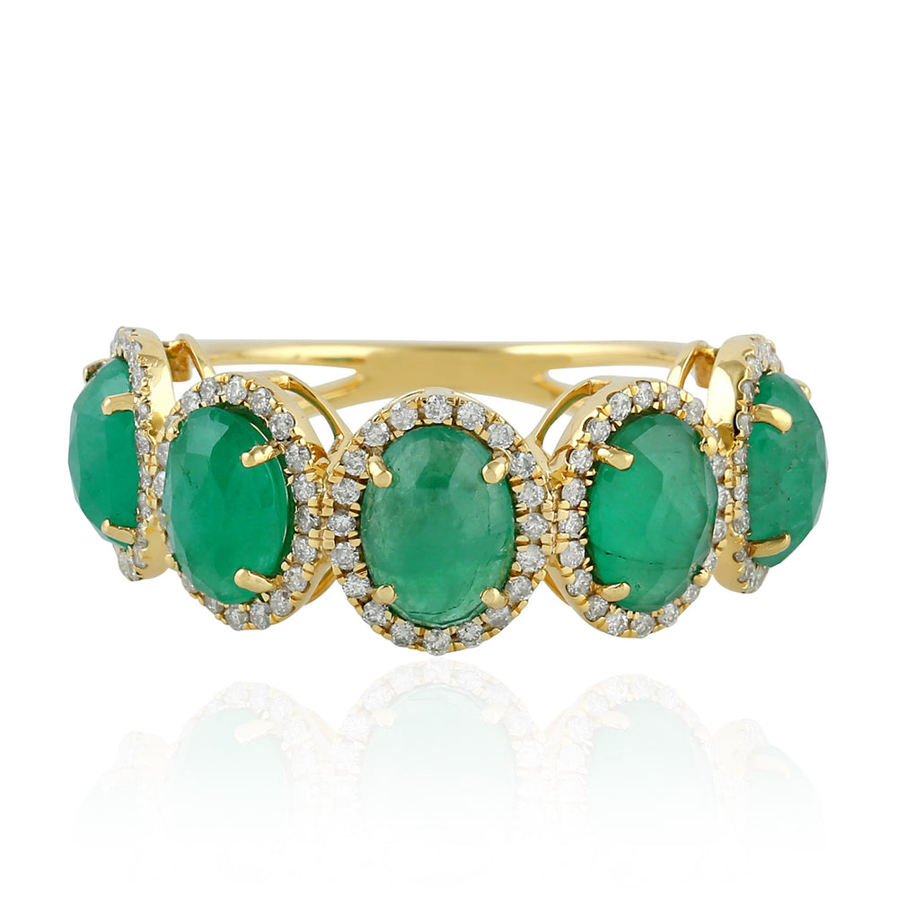 Prong Set Emerald Diamond 18k Yellow Gold Band Ring For Women