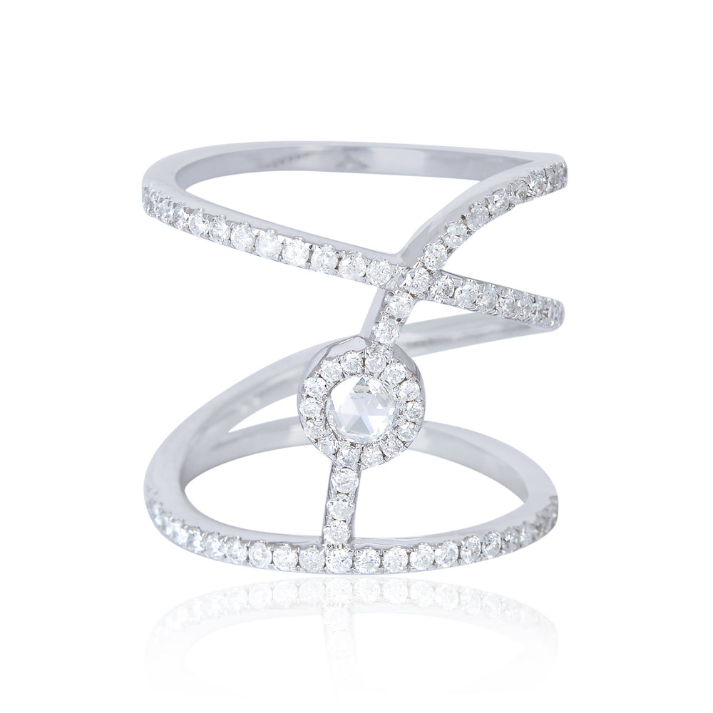 18K White Gold Criss Cross Diamond Ring with Rose Cut Center Stone