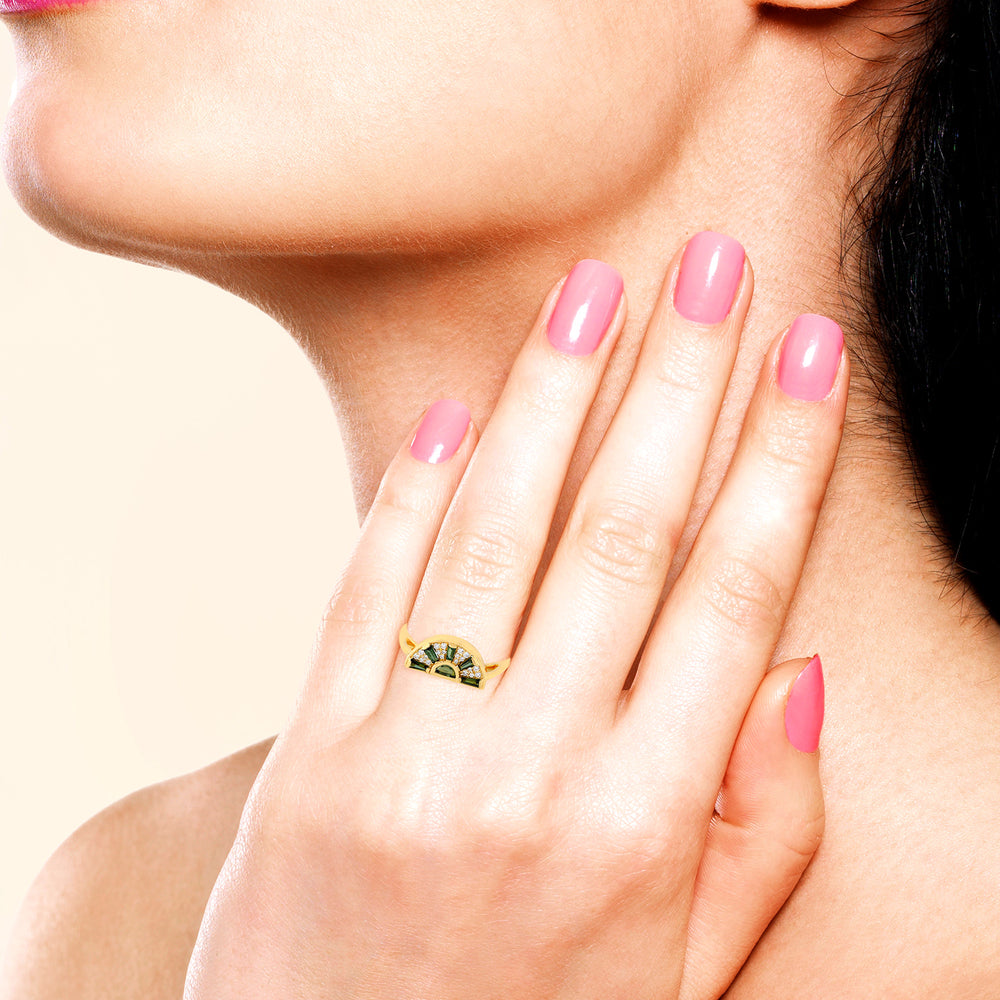 Baguette Cut Green Tourmaline Pave Diamond Designer Ring In 18K Yellow Gold