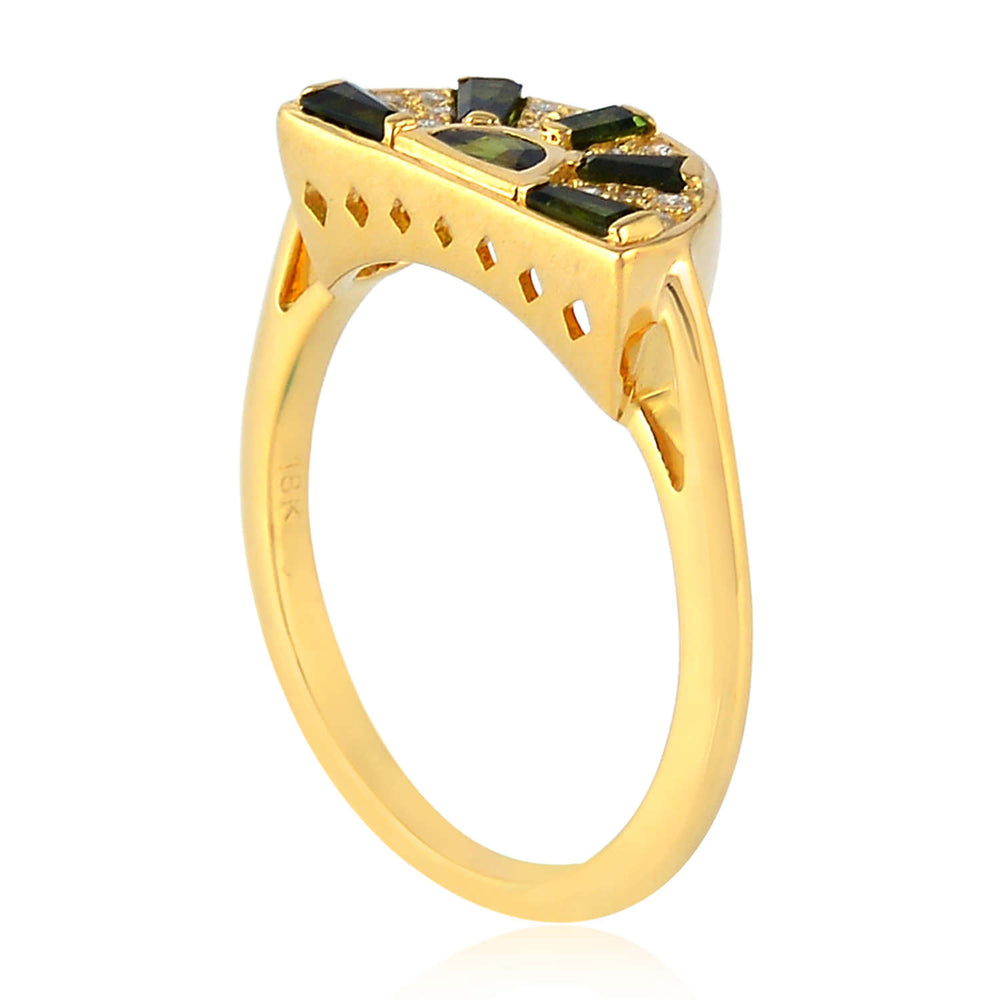 Baguette Cut Green Tourmaline Pave Diamond Designer Ring In 18K Yellow Gold