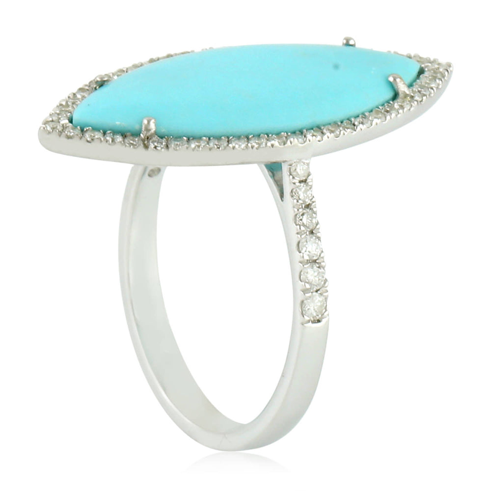 Marquise Cut Turquoise Pave Diamond Long Ring In 18k White Gold