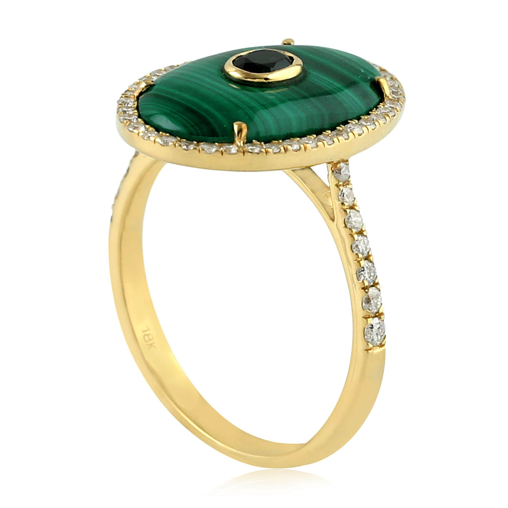 Oval Cut Malachite Bezel Set Spinel Pave Diamond Cocktail Ring In Yellow Gold